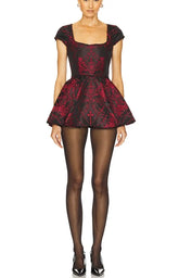 Floral Printed Square Collar Short Sleeve Mini Dress